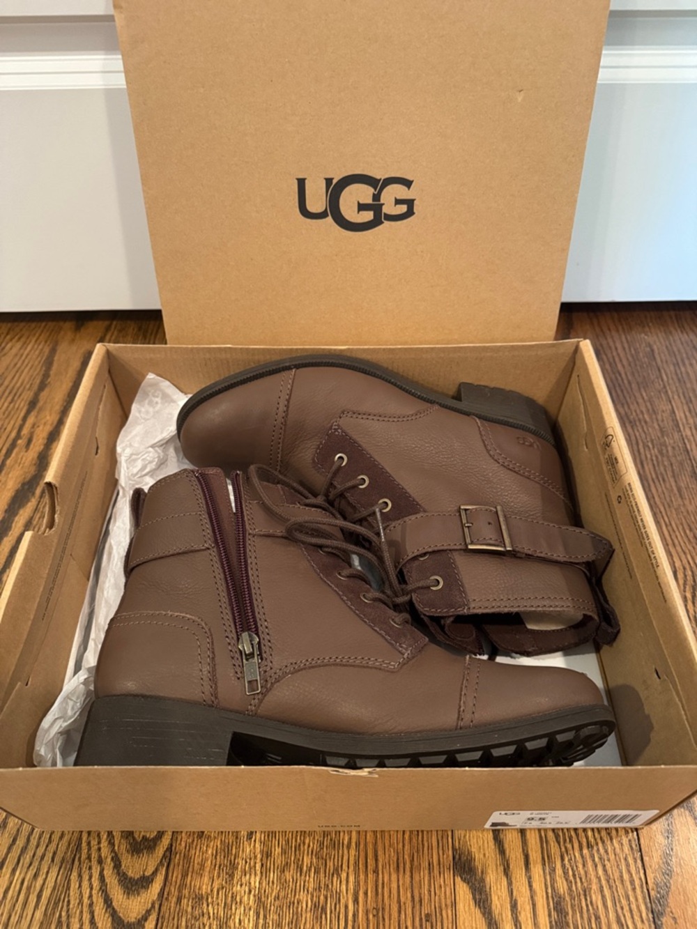 IN BOX—UGG “Jaidyn” Chocolate Brown Leather Lace-Up Zip Ankle Boots with Buckle - Picture 2 of 10